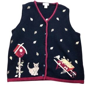 Vintage Y2K Ramie Cotton Embroidered Knit Vest Sz S Navy Wine Cat Bird Novelty